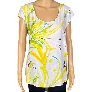 JAMS WORLD Bianca print Hawaiian cap sleeve white floral Aloha blouse Medium EUC